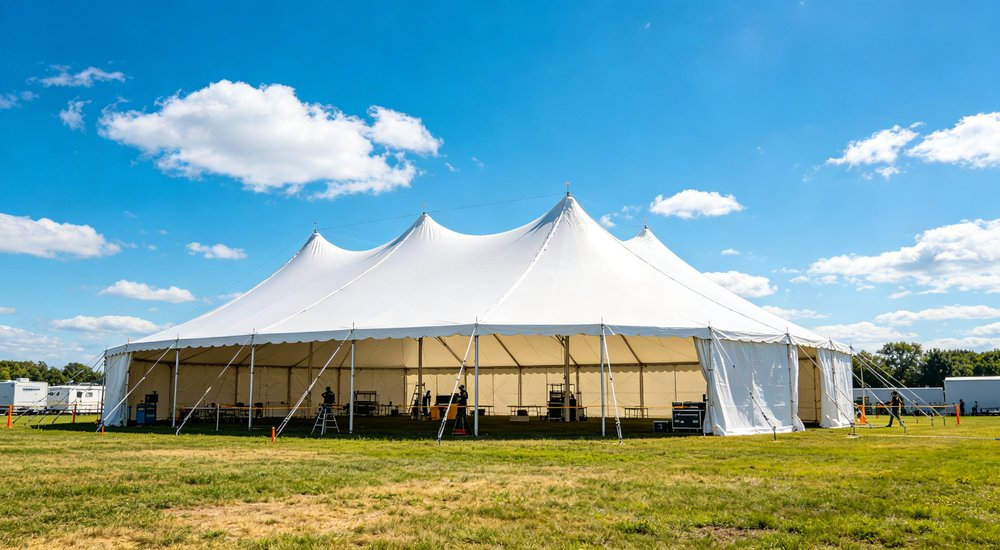 Large emergency shelter tent installed at disaster relief site providing weatherproof accommodation for affected populations with reinforced structure and quality materials visible