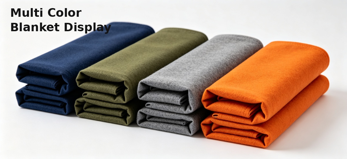 Multi color polyester flannel emergency relief blankets folded neatly for humanitarian shelter supply