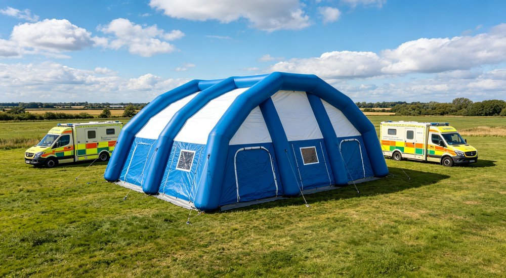 Wide aerial view of professional inflatable decontamination tent set up outdoors on grass field with blue sky and white clouds, emergency response vehicles