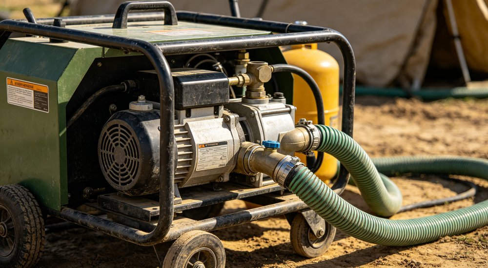 Closeup of portable water pump and heater system for decontamination shower with industrial equipment and hoses connected at outdoor field setup