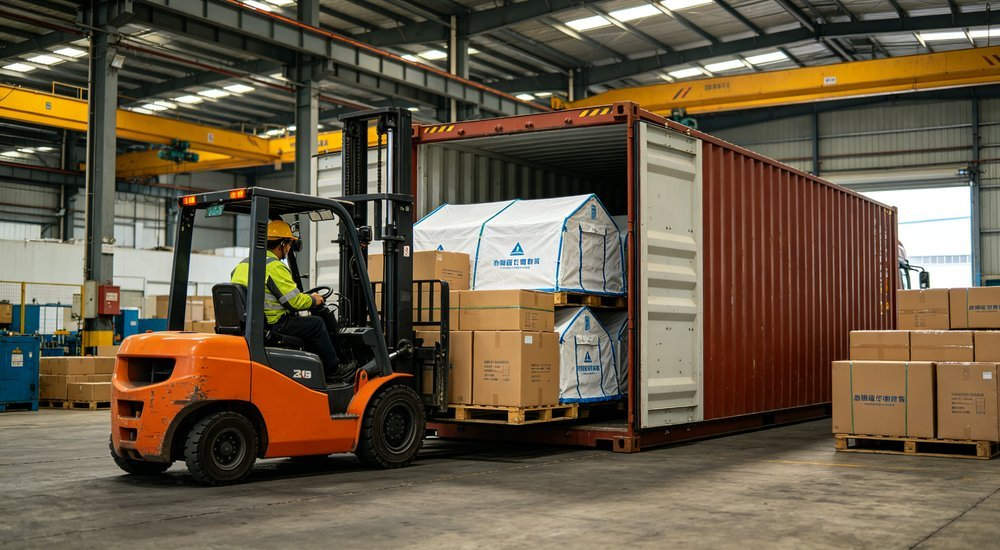 Wide angle shot of forklift loading cartons of decontamination tents into shipping container at factory warehouse during export logistics with professional emergency response equipment and safety protocols in place