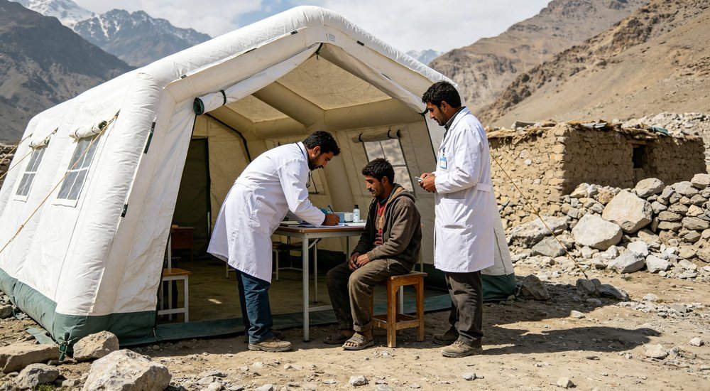 Wide angle shot of mobile medical tent clinic set up in remote village after earthquake, doctors examining patients outside white and blue inflatable shelter, humanitarian aid mission, professional documentary photography