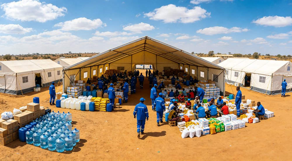 Aerial drone view showing multiple large emergency relief tents arranged in orderly rows across a disaster response camp with clear access pathways and blue sky overhead Aerial drone view showing multiple large emergency relief tents arranged in orderly rows across a disaster response camp with clear access pathways and blue sky overhead