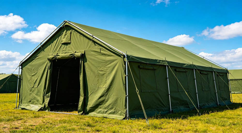 Heavy duty emergency frame tent displayed in operational setting demonstrating quick setup capability durable canvas exterior and spacious interior capacity for humanitarian relief missions Heavy duty emergency frame tent displayed in operational setting demonstrating quick setup capability durable canvas exterior and spacious interior capacity for humanitarian relief missions