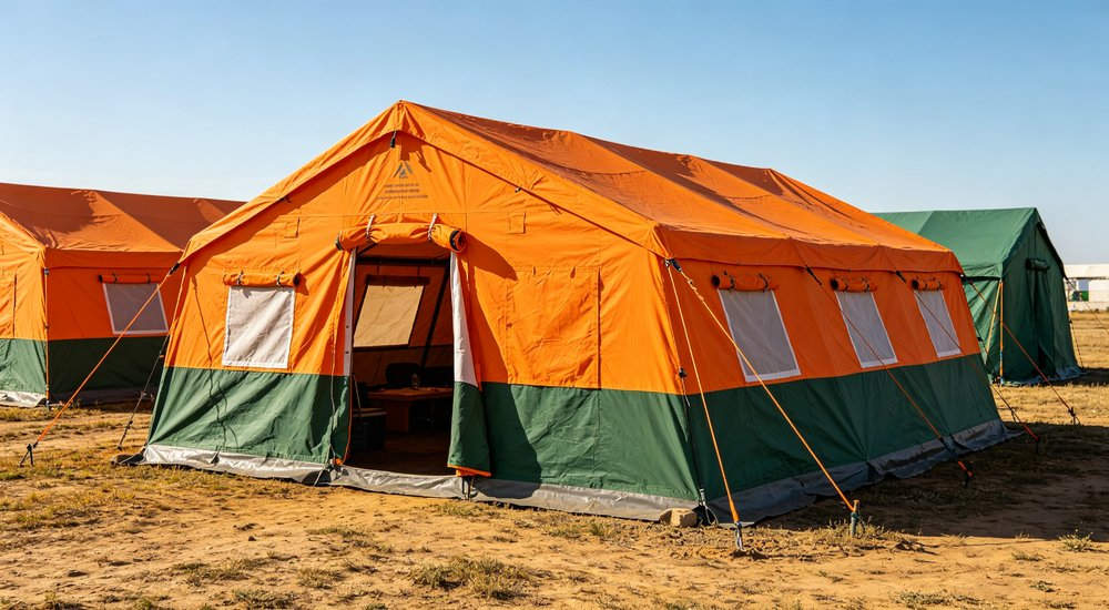 Emergency response tent captured during active deployment showing professional grade construction wind resistant frame and waterproof covering designed for long term use in challenging field conditions