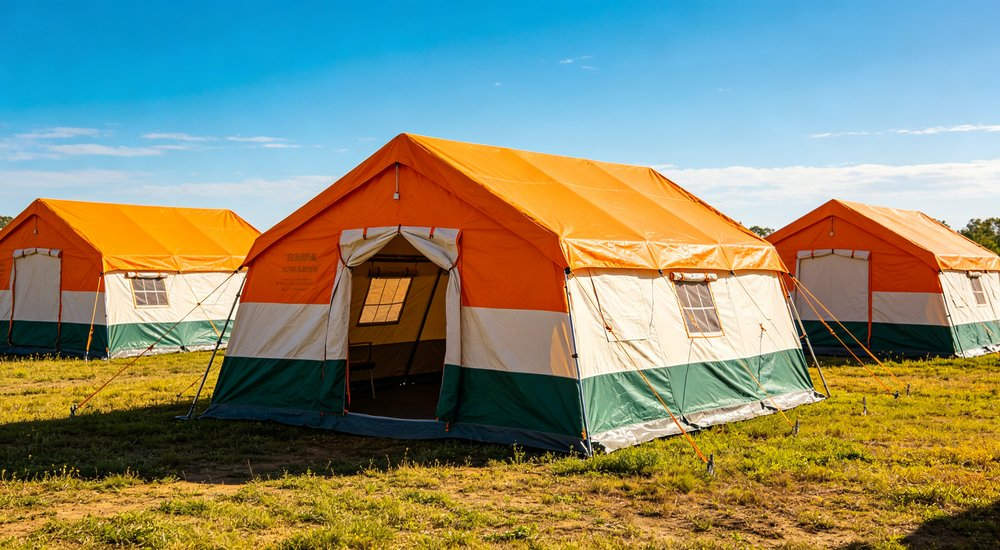 Large emergency shelter tent installed at disaster relief site providing weatherproof accommodation for affected populations with reinforced structure and quality materials visible