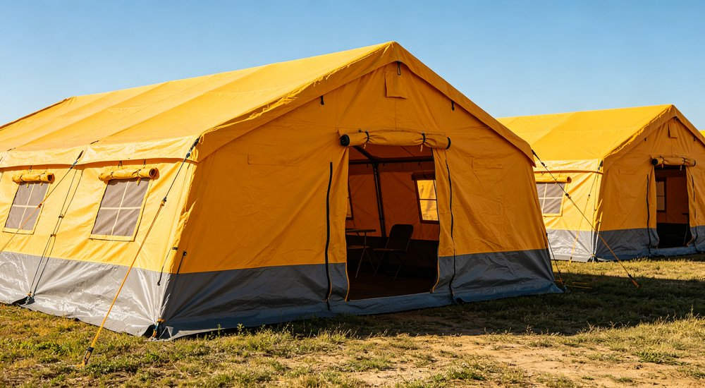 Professional emergency relief tent photographed in field deployment showing sturdy construction waterproof fabric and steel frame design suitable for disaster response and humanitarian aid operations