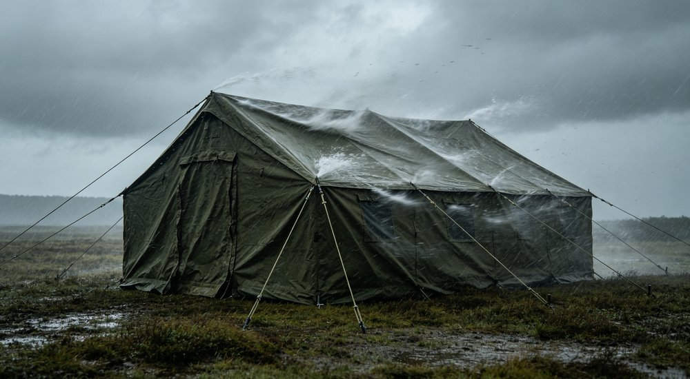 Military tent wind resistance test in strong wind storm, tent secured with multiple guy lines, stormy weather with rain, realistic outdoor photography