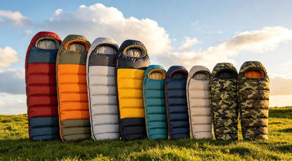 Wide angle view of colorful sleeping bag family collection on green grass with blue sky and white clouds, various solid color block and camouflage designs, warm sunlight, professional commercial product photography