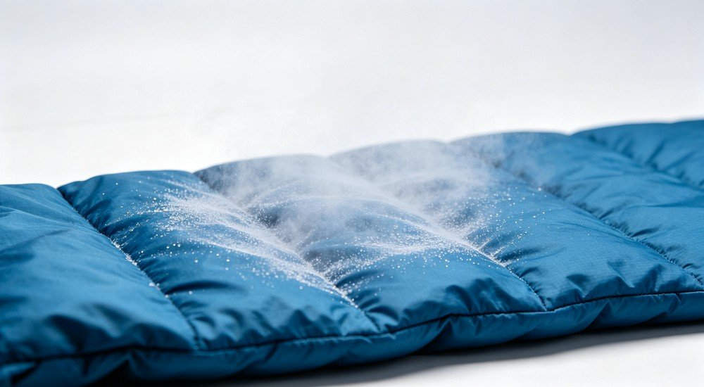 Dark blue waterproof sleeping bag material being sprayed with water, demonstrating water resistance, professional product testing, studio setting, water splashing on fabric surface