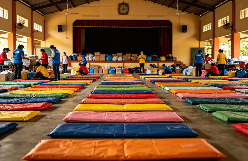 Wide angle view of emergency disaster relief shelter interior with neat rows of colorful envelope sleeping bags laid flat on floor, institutional accommodation, bright lighting, no people