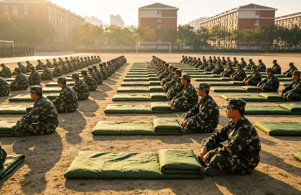 Wide angle view of school military training camp with students in camouflage uniforms resting next to green envelope sleeping bags laid flat on ground, outdoor education program, Asian students