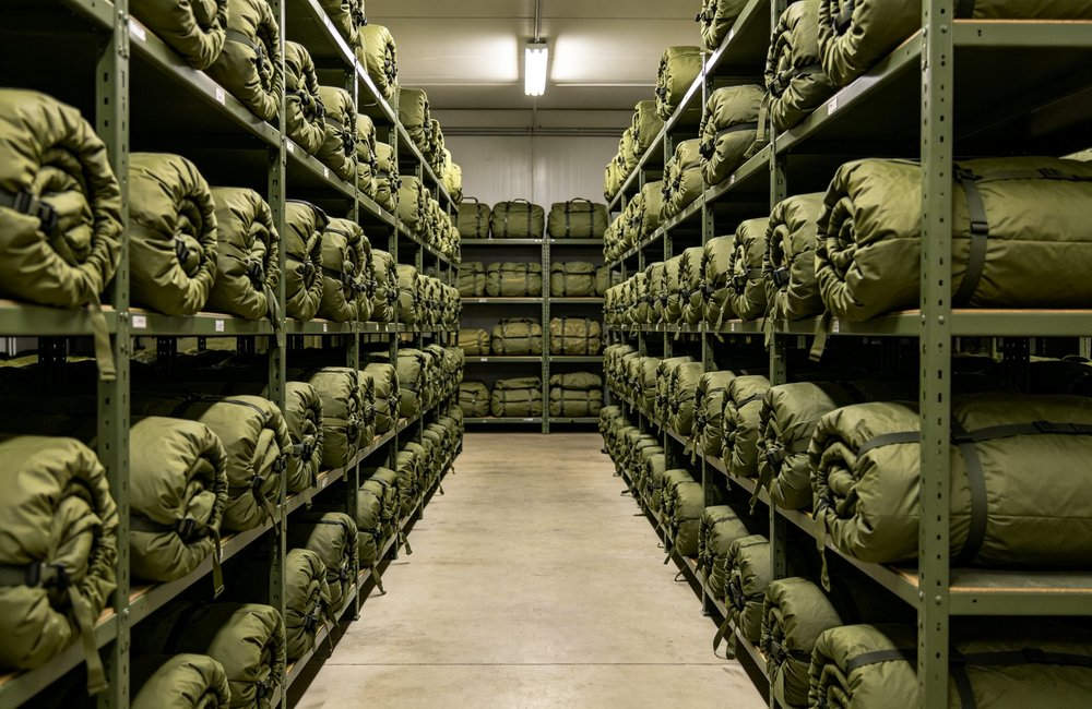 Wide angle view of military storage room with neat rows of olive green envelope sleeping bags rolled and stacked on metal shelves, compression straps visible, organized inventory warehouse, no people