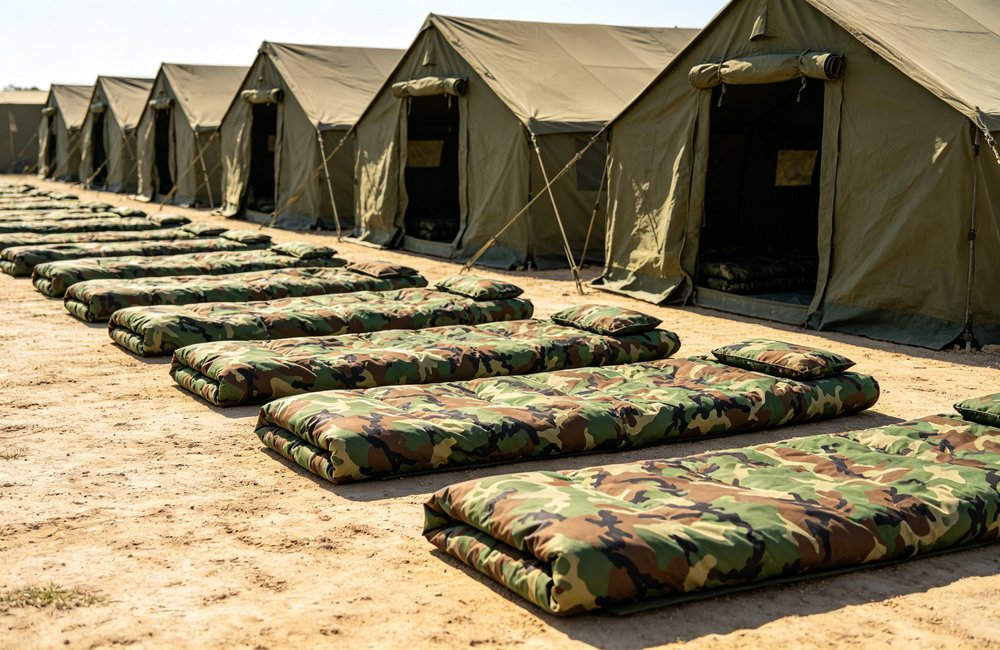 Wide angle view of bright military field camp with rows of camouflage envelope sleeping bags laid flat horizontally outside tents on clean ground, well-organized bivouac, natural daylight, no people
