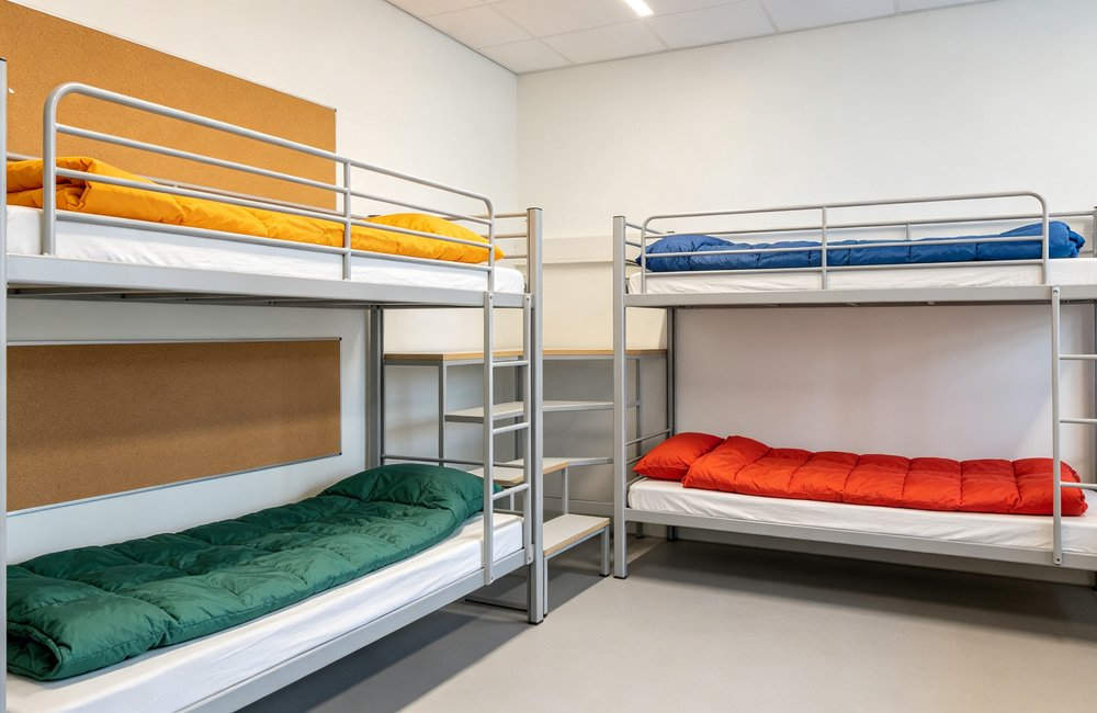 Wide angle view of university dormitory room with Asian students using colorful horizontally laid envelope sleeping bags on bunk beds, institutional student accommodation, bright indoor lighting