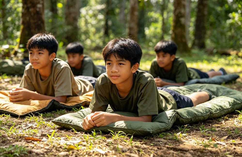 Wide angle view of bright outdoor survival training course with Southeast Asian teenage participants using green horizontally laid sleeping bags in forest clearing, natural daylight, wilderness education program