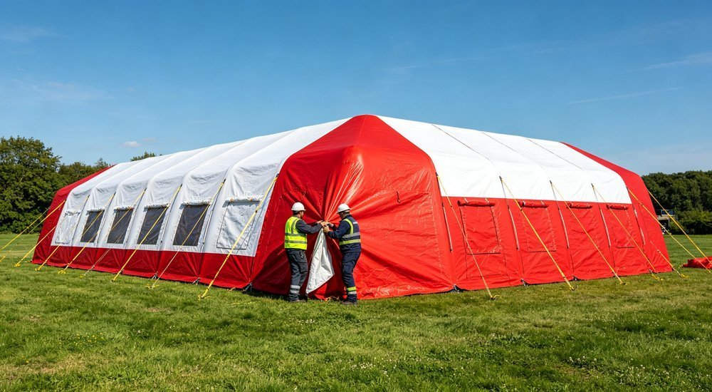 Two workers quickly setting up red and white inflatable emergency tent with electric air pump, fast deployment process in sunny outdoor field, realistic documentary photography