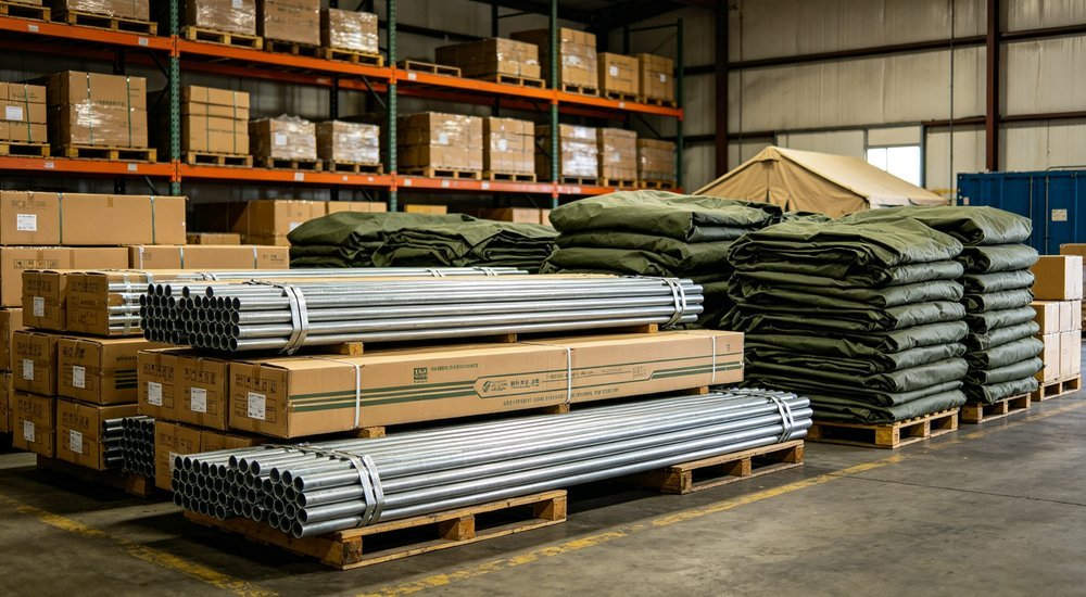 Stacked cartons of flat packed steel tubes and tent fabric components, heavy frame tent parts in warehouse logistics setting, professional photography