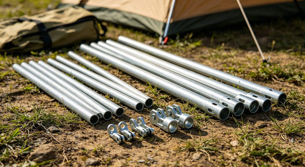 Spare steel poles and connectors laid out for frame tent maintenance, replacement parts inventory for emergency repairs, professional product photography
