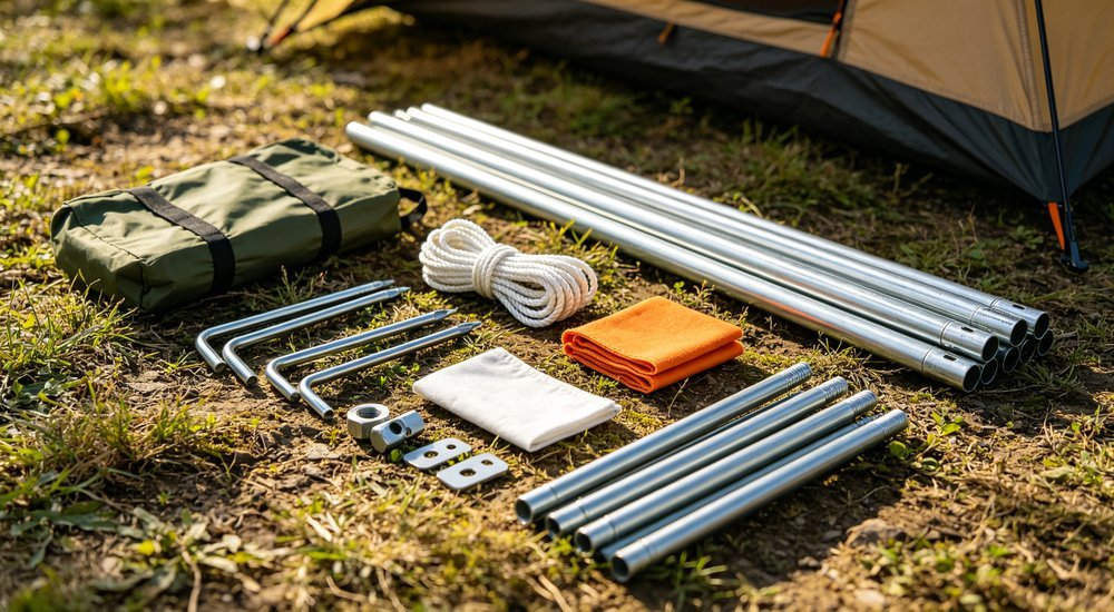 Complete steel frame tent accessory set laid out including poles connectors and ground stakes, professional product photography of replacement parts