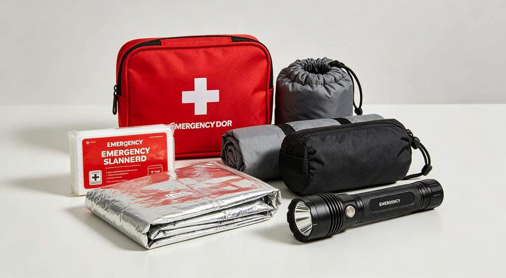 Product collection shot of red first aid kit folded emergency blanket rolled sleeping bag and black flashlight on white surface Product collection shot of red first aid kit folded emergency blanket rolled sleeping bag and black flashlight on white surface