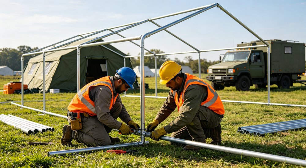 Workers assembling steel tube frame of relief tent, construction of emergency shelter structure in field conditions, professional industrial photography for humanitarian relief shelter procurement with professional quality standards