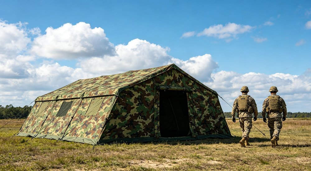 Military style durable tent camp in rugged terrain, heavy duty shelter for long term humanitarian operations, professional outdoor photography for humanitarian relief shelter procurement with professional quality standards