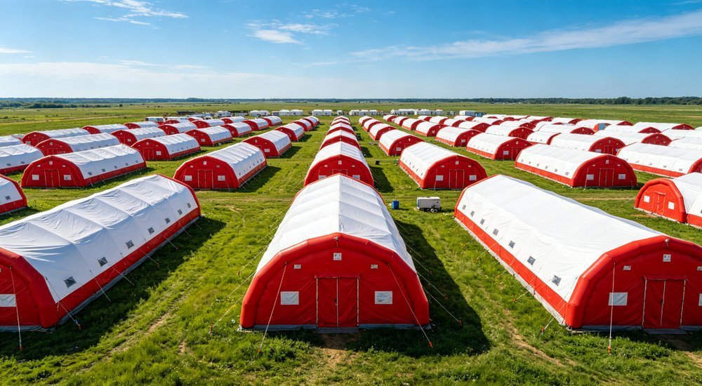 Aerial view of humanitarian camp with rows of relief tents, emergency shelter settlement for displaced persons, professional documentary photography of refugee camp operations