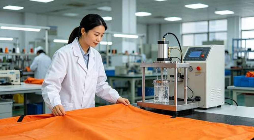 Asian Chinese quality control inspector testing tent fabric with water pressure machine in factory lab, professional OEM QC inspection, professional product photography
