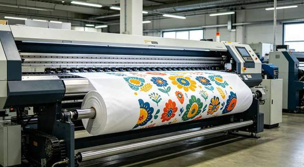 Large digital textile printing machine printing pattern on tent fabric in modern factory, custom OEM full color printing, professional product photography