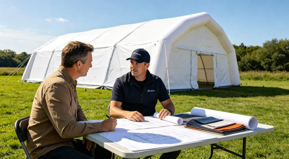 Customized inflatable emergency tent with logo and color options showing product customization, red and white tent on green grass, blue sky