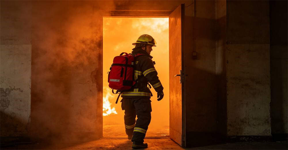 Caucasian firefighter in full gear and helmet carrying red emergency backpack entering burning building with orange glow