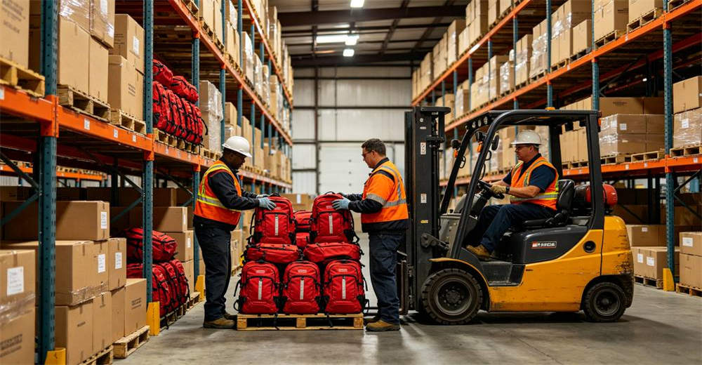 Government warehouse scene staff stacking red emergency backpacks on wooden shelves with forklift and organized boxes