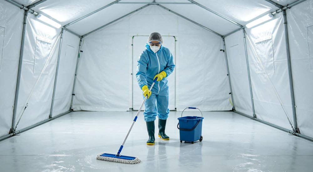 Floor disinfection of inflatable medical tent, worker cleaning PVC floor with disinfectant red and white inflatable emergency shelter for disaster relief operations