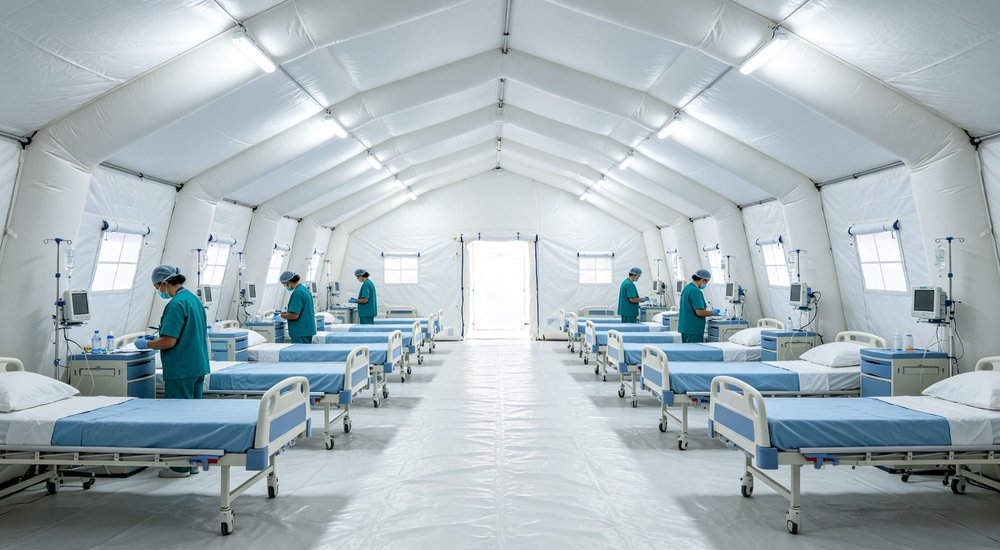 Interior layout of inflatable medical tent showing function zones and patient areas red and white inflatable emergency shelter for disaster relief operations