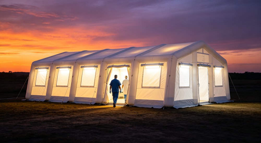 Inflatable medical tent at night with LED lighting inside, medical workers on duty red and white inflatable emergency shelter for disaster relief operations