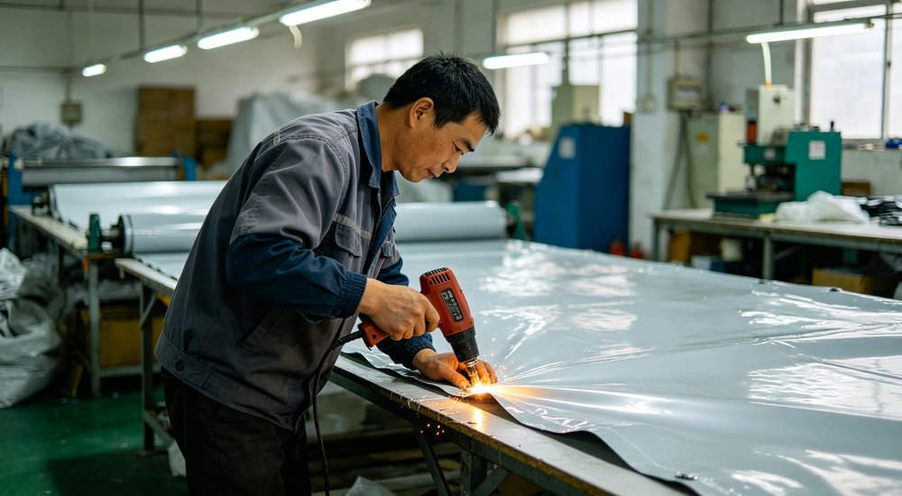 Chinese factory workers with Asian faces manufacturing inflatable medical tents, bright workshop red and white inflatable emergency shelter for disaster relief operations