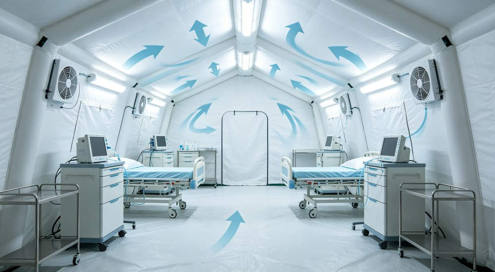 Ventilation system for inflatable medical tent showing airflow, FAQ illustration red and white inflatable emergency shelter for disaster relief operations