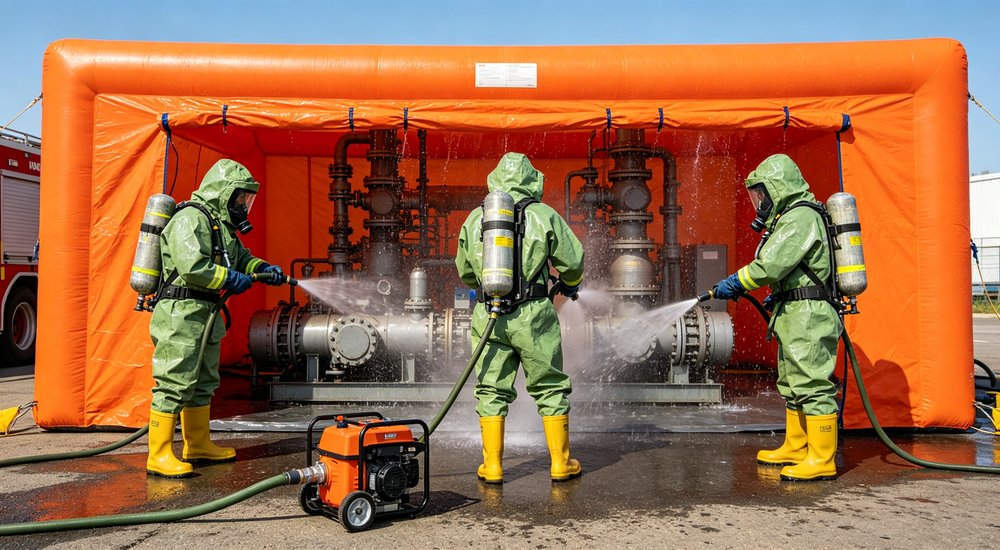Chemical spill response scene with inflatable decon tent, workers in hazmat suits, green grass red and white inflatable emergency shelter for disaster relief operations