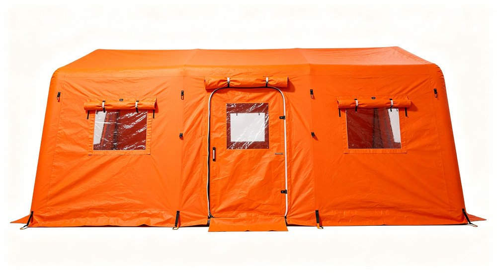 Front view of inflatable decontamination tent on white background, red and white, product photography red and white inflatable emergency shelter for disaster relief operations