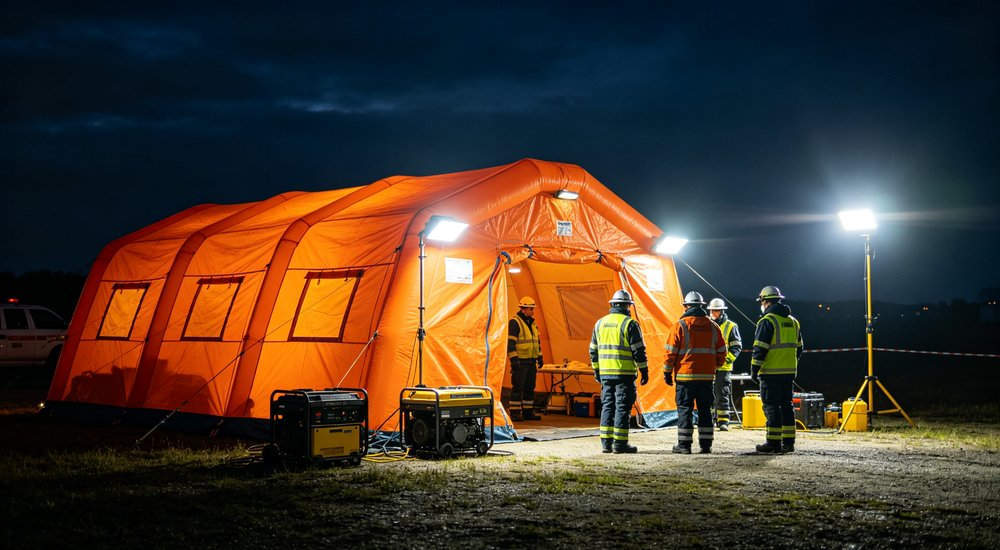 Night operation of inflatable decon tent with interior lighting, workers on duty red and white inflatable emergency shelter for disaster relief operations