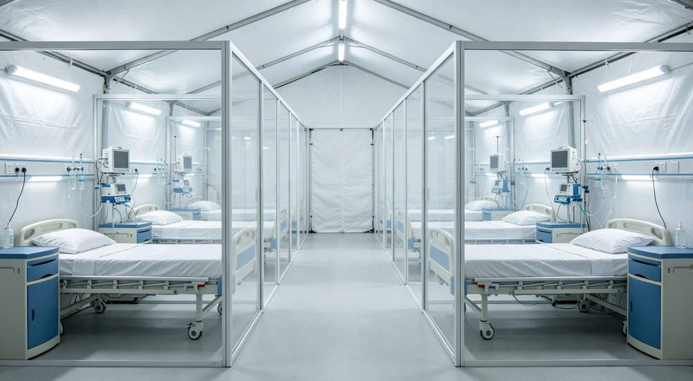 Isolation beds inside inflatable isolation tent, patient care area, bright lighting red and white inflatable emergency shelter for disaster relief operations Isolation beds inside inflatable isolation tent, patient care area, bright lighting red and white inflatable emergency shelter for disaster relief operations