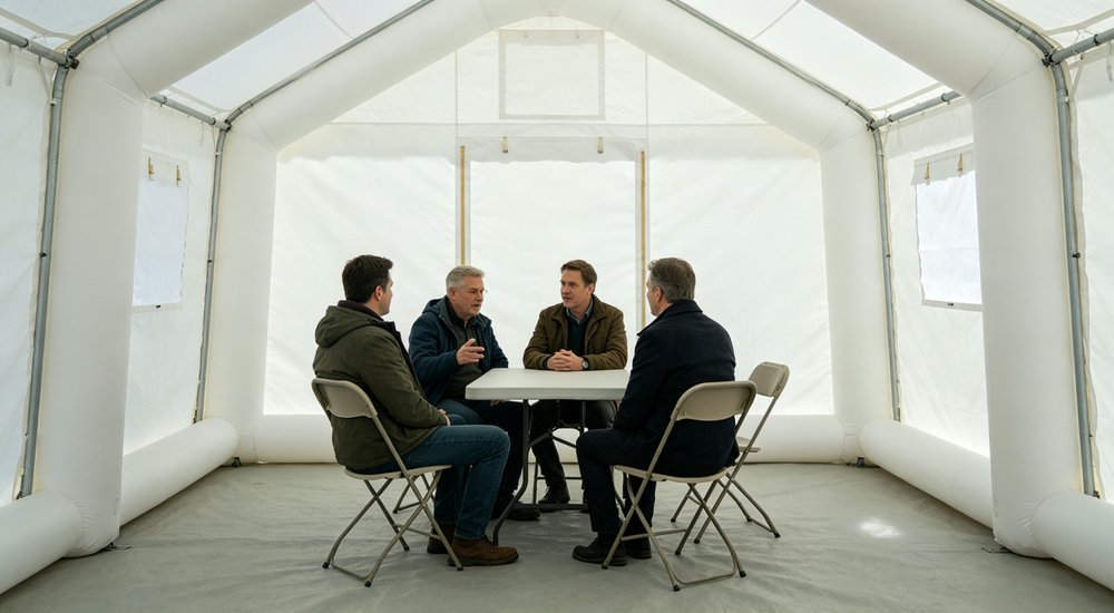 Simple interior of inflatable isolation tent with basic beds, bright lighting red and white inflatable emergency shelter for disaster relief operations