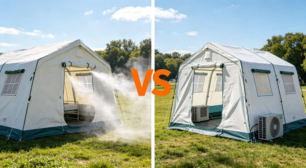 Positive pressure vs negative pressure isolation tent comparison showing airflow difference, diagram style red and white inflatable emergency shelter for disaster relief operations