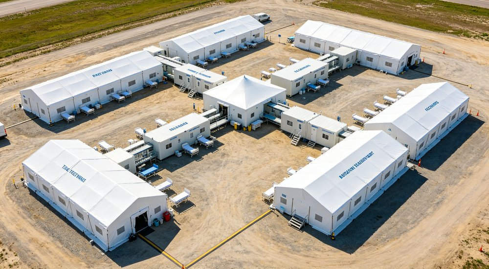 Field hospital layout of modular inflatable tent system showing module arrangement, aerial view red and white inflatable emergency shelter for disaster relief operations