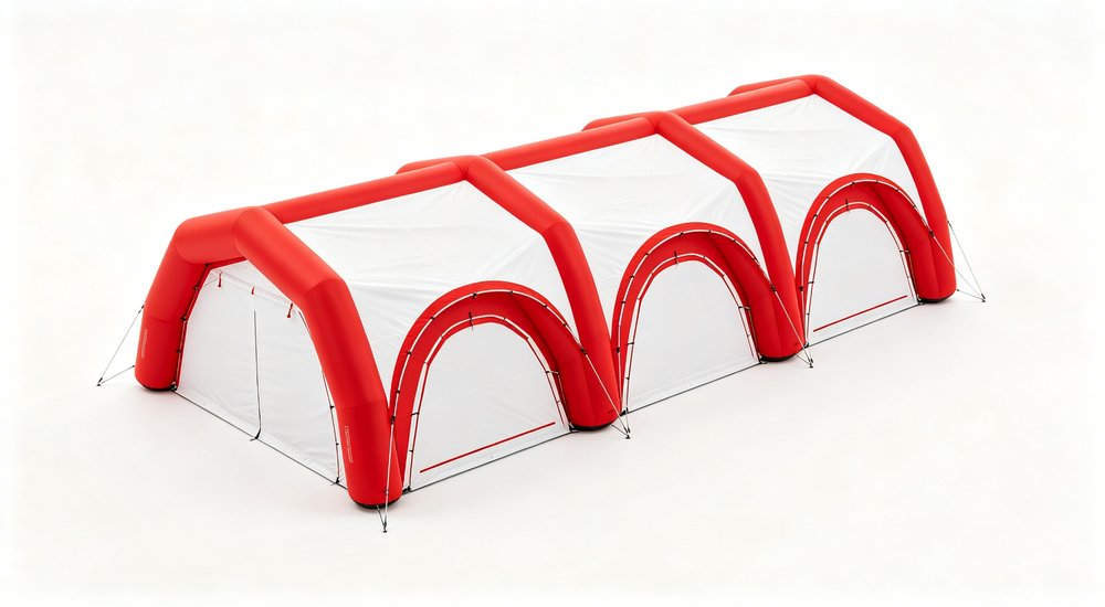 45 degree view of three module inflatable tent system, red and white, product photography red and white inflatable emergency shelter for disaster relief operations