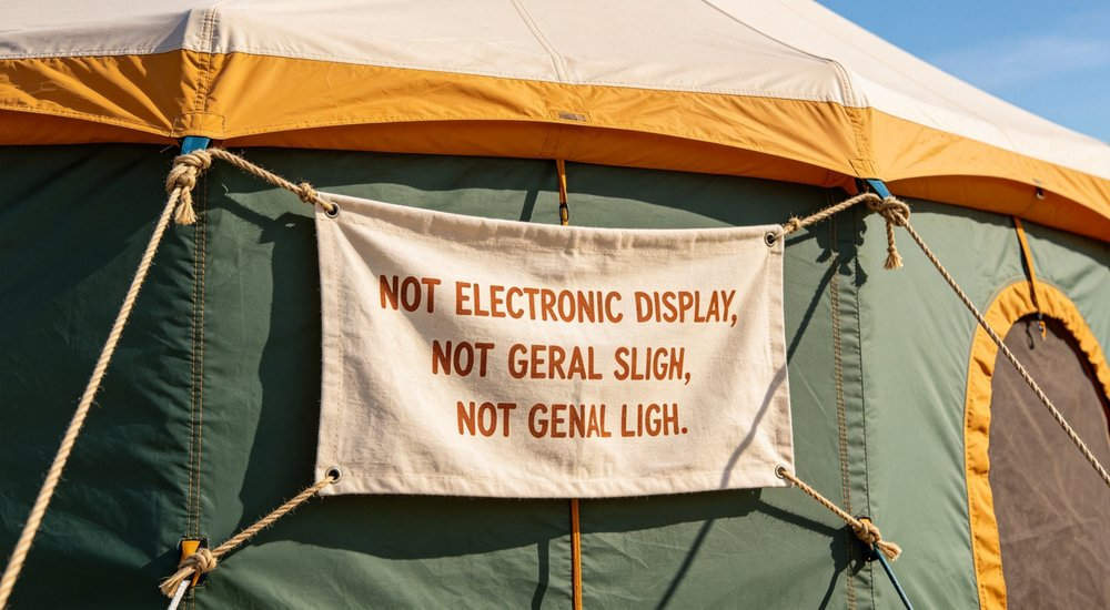 Fabric sign on modular inflatable tent module showing identification label, close-up detail red and white inflatable emergency shelter for disaster relief operations