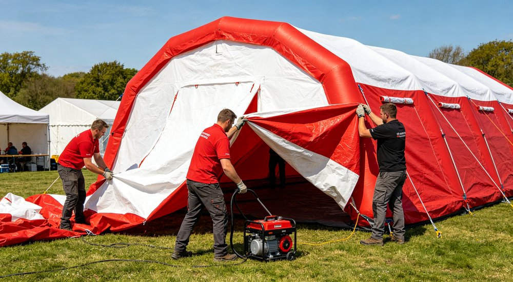 Fast setup of modular inflatable tent system with timer showing quick deployment, green grass red and white inflatable emergency shelter for disaster relief operations