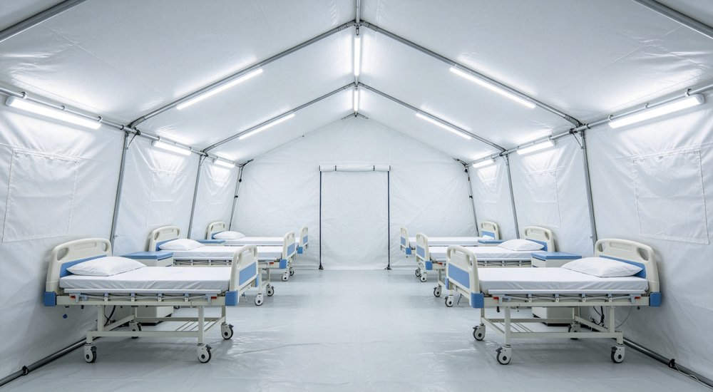 LED lighting inside inflatable medical tent showing bright even illumination, medical equipment red and white inflatable emergency shelter for disaster relief operations