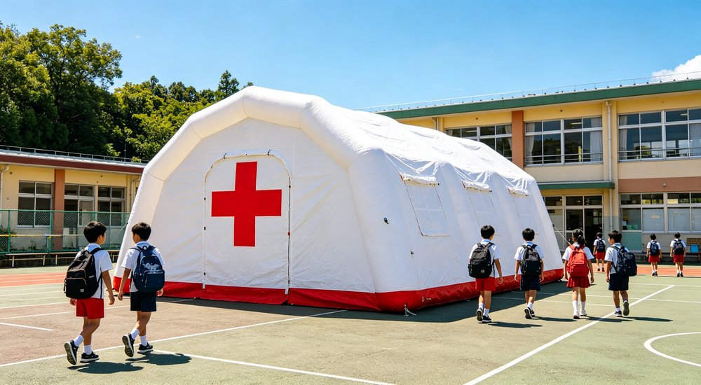 School playground converted to medical site with inflatable tent, green grass, blue sky red and white inflatable emergency shelter for disaster relief operations
